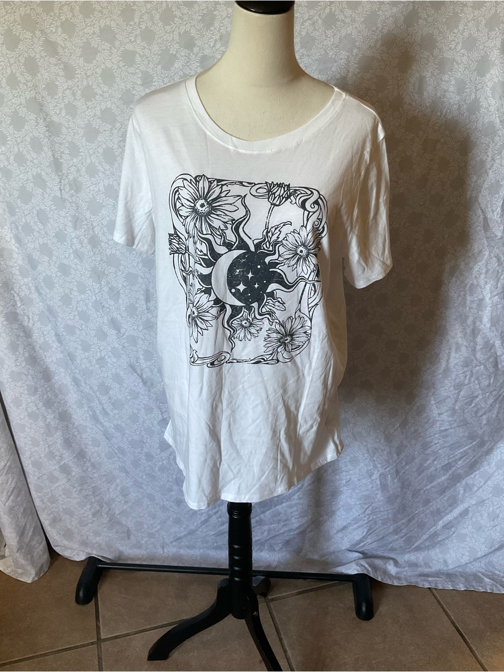 Tres Bien White Tee with Black Floral Moon Graphic